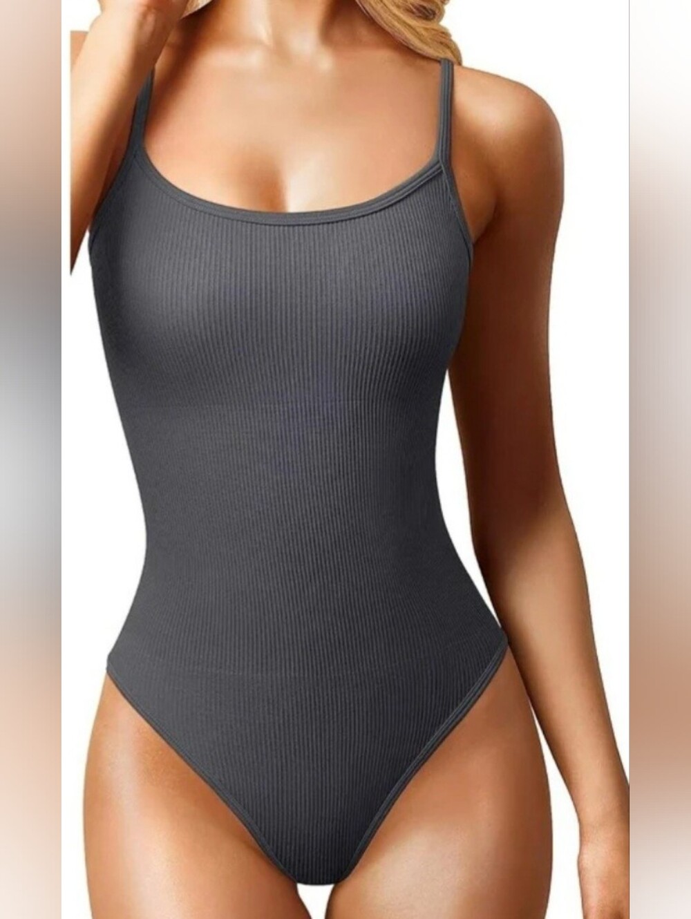 Ribbed Grey Scoop Neck Bodysuit